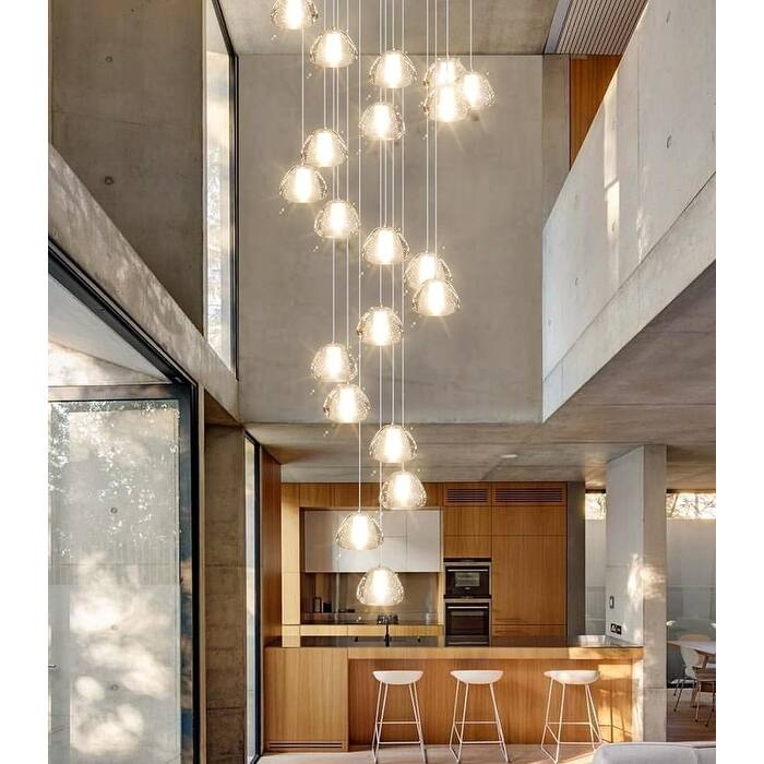 KAYLA 30-Lights Gold Modern Crystal Chandelier for Staircases, 157" Extra-Long Adjustable LED Ceiling Light