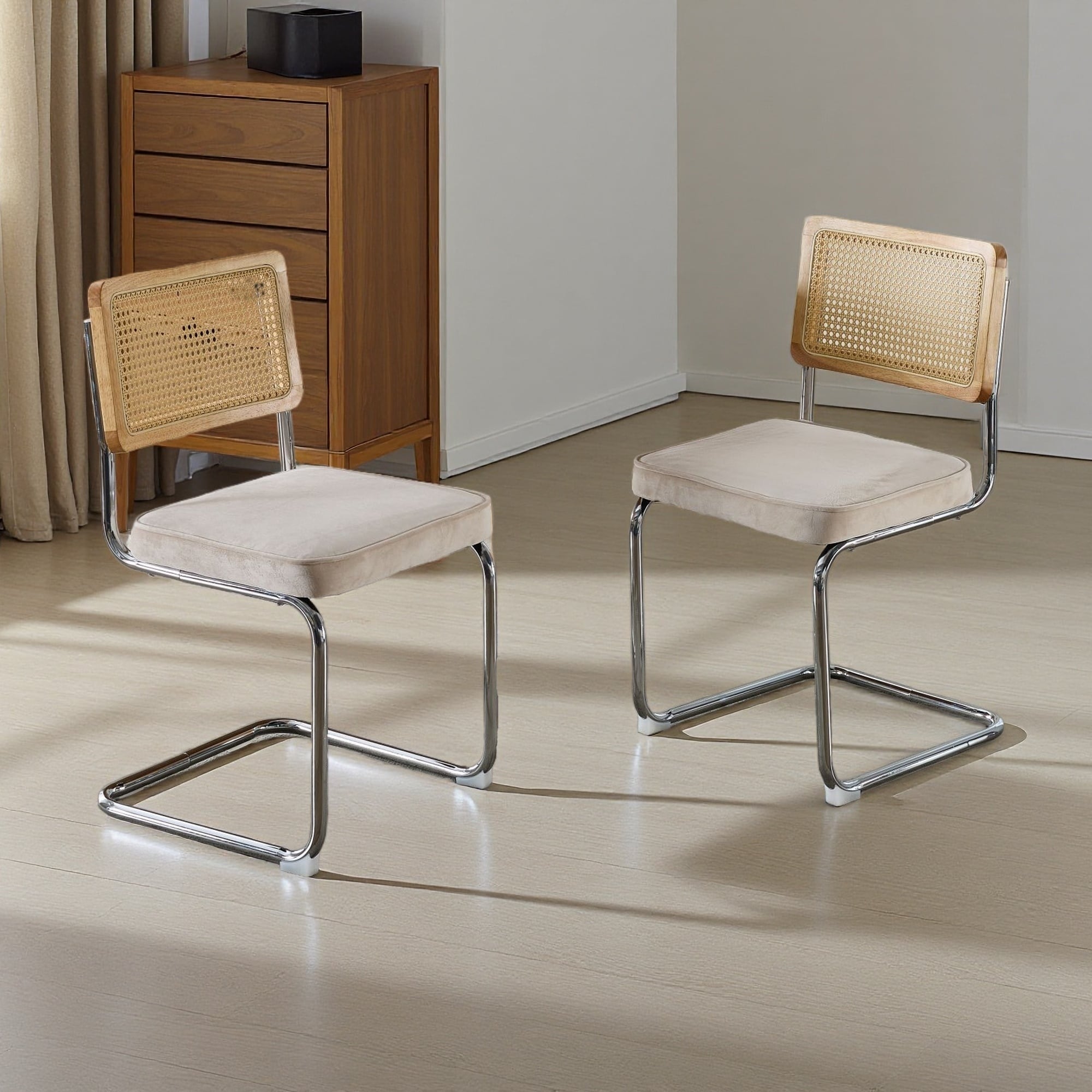 31.9"H Set of 2 Velvet Upholstered Mid-Century Modern Dining Chairs with Natural Rattan Cane Back & Chrome Cantilever Base