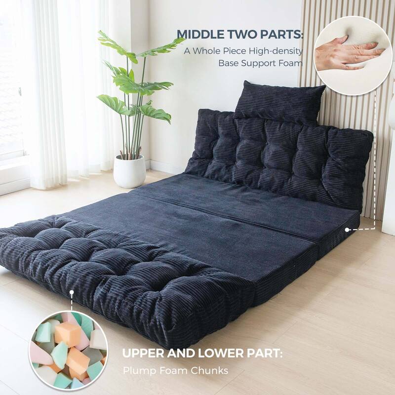 Corduroy Bean Bag Bed Tufted Folding Sofa Bed with Pillows