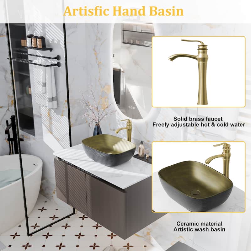 Wall Floating Vanity Bathroom Cabinet with Sink Combo with faucet