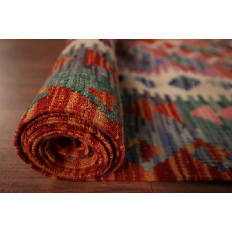 Reversible Kilim Area Rug Hand-Woven Geometric Orange Wool Carpet - 8'6" x 11'1"