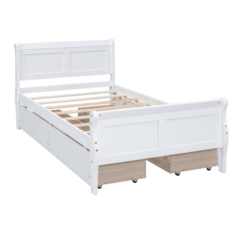 Wood Platform Bed with 4 Drawers and Streamlined Headboard & Footboard