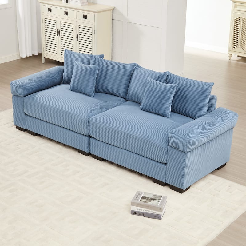 92" Oversized Corduroy Couch for Living Room, Upholstered Loveseat Sofa with Wide Armrests and Throw Pillows for Apartment - Blue