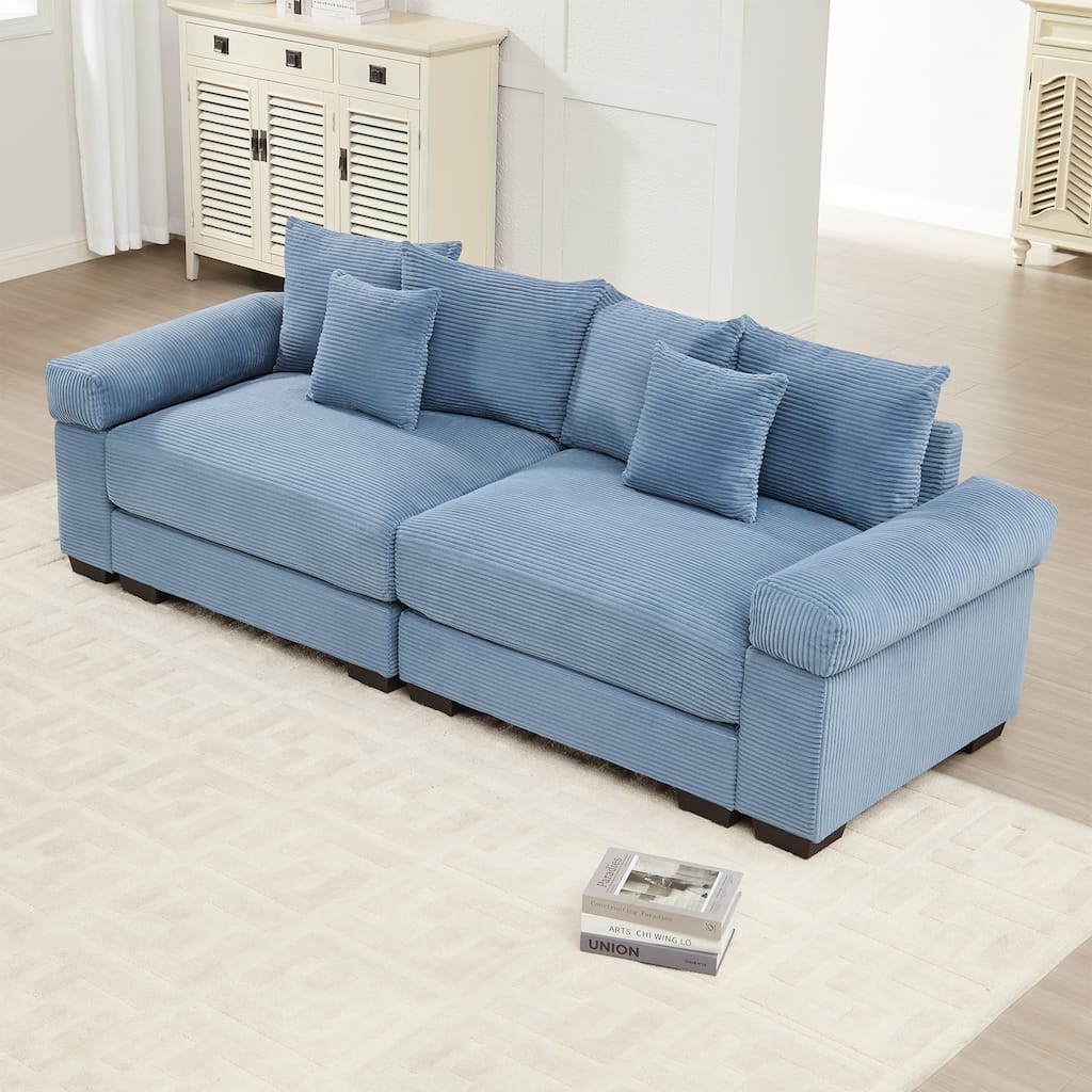 92" Oversized Corduroy Couch for Living Room, Upholstered Loveseat Sofa with Wide Armrests and Throw Pillows for Apartment