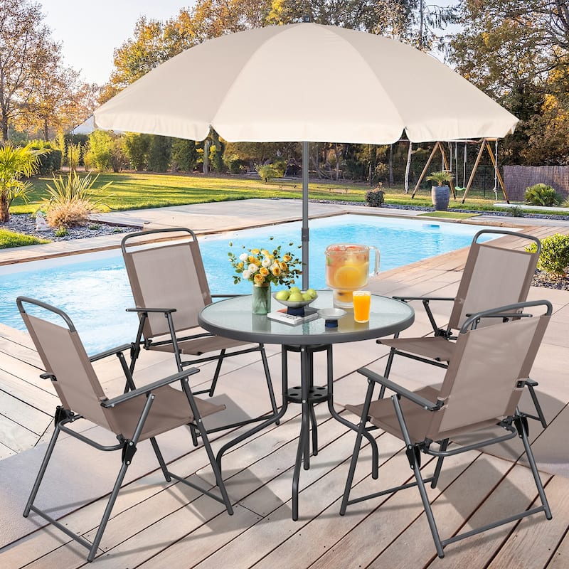 Futzca Folding Patio Dining Set, Garden Patio Furniture Set with Umbrella, Glass Table and 4 Folding Chairs - Brown