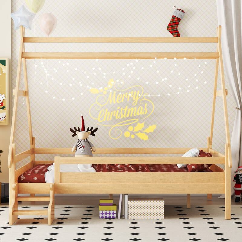 Childlike Fun House-shaped Platform Bed Frame with Low Profile Stairs - Natural - Full