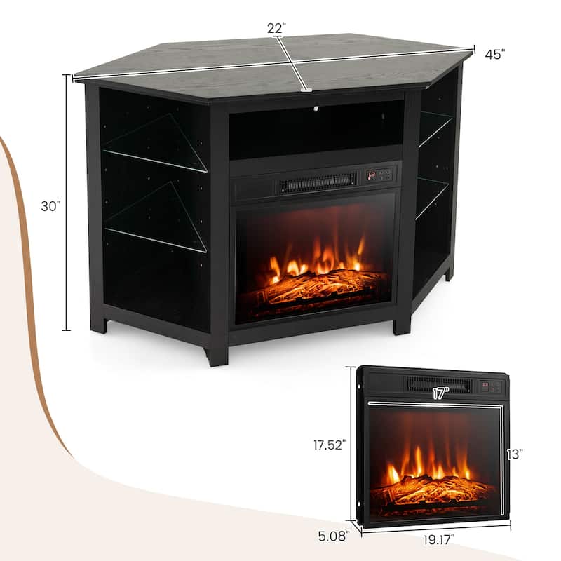 Electric Fireplace Corner TV Stand with LED Lights and Adjustable Glass Shelves - 45" x 22" x 30"