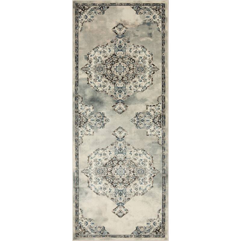 Anila Collection Transitional Oriental Area Rug - 2'5 X 7'8 - Grey/White/Blue