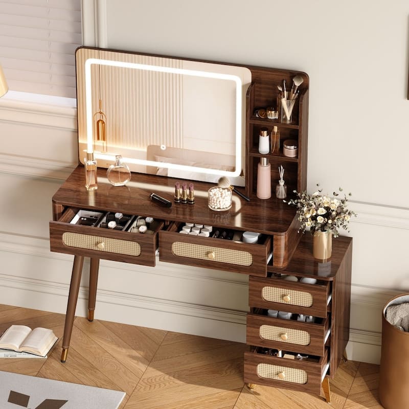 47.24" Rustic Makeup Vanity Desk with Mirror and Adjustable Lights, Rattan Drawers
