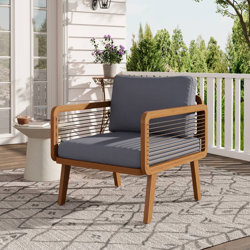 Scott Living - Talia Outdoor Modern Armchair with Grey Cushions and Acacia Wood Frame - Grey+Teak