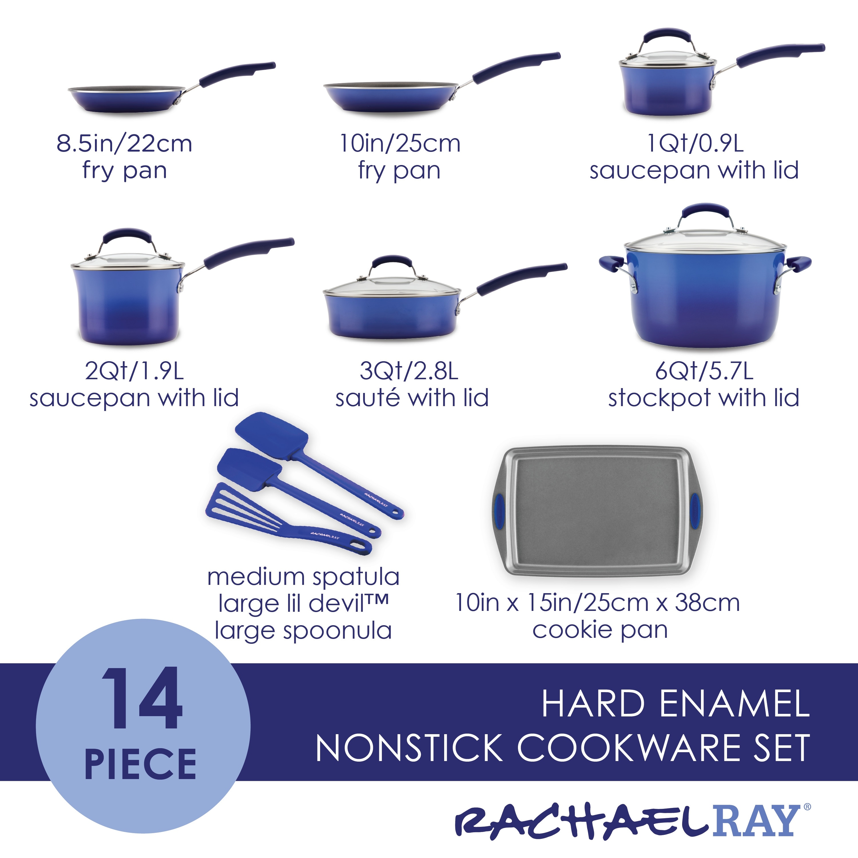 Rachael Ray Hard Porcelain Enamel Nonstick 14-Piece Cookware Set, Blue
