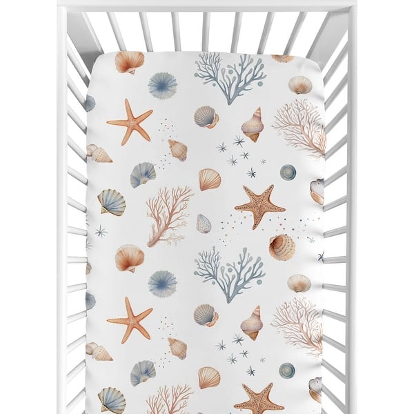 slide 2 of 6, Sweet Jojo Designs Ocean Seashells Boy Girl Gender Neutral Unisex Fitted Crib Sheet Orange Blue Beige Nautical Beach Watercolor