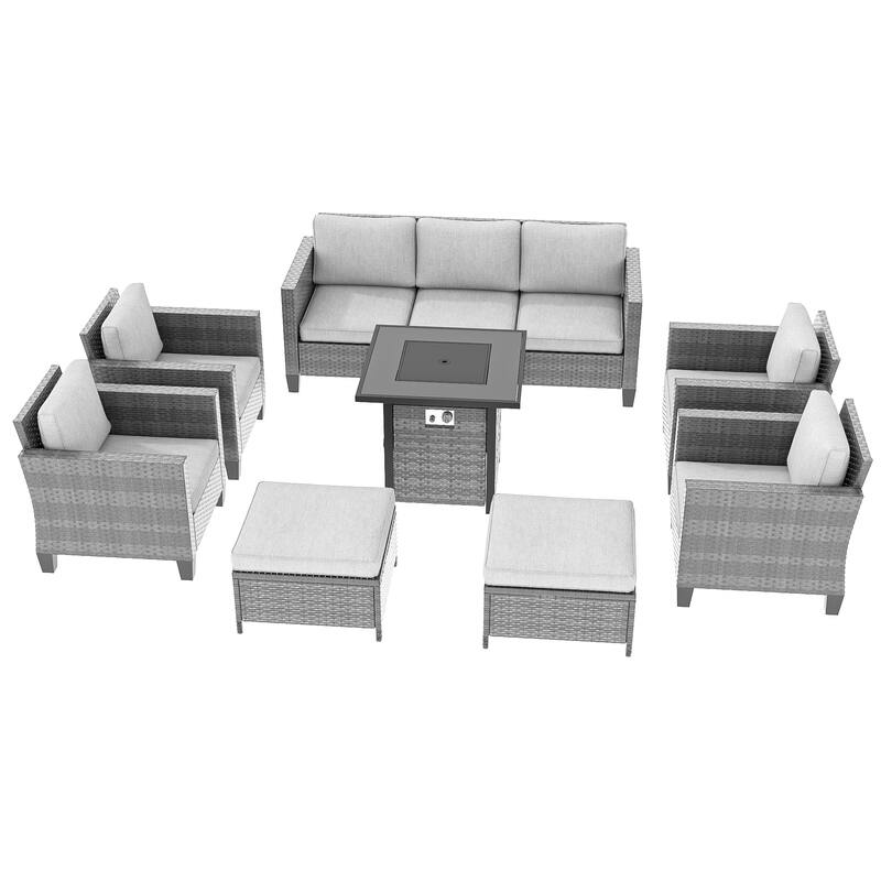 Livoosun 8 Pieces Patio Sofa with 28'' Fire Table Set, PE Wicker, Wide Armrests High Back Sofa Chair Design for Lawn, Patio