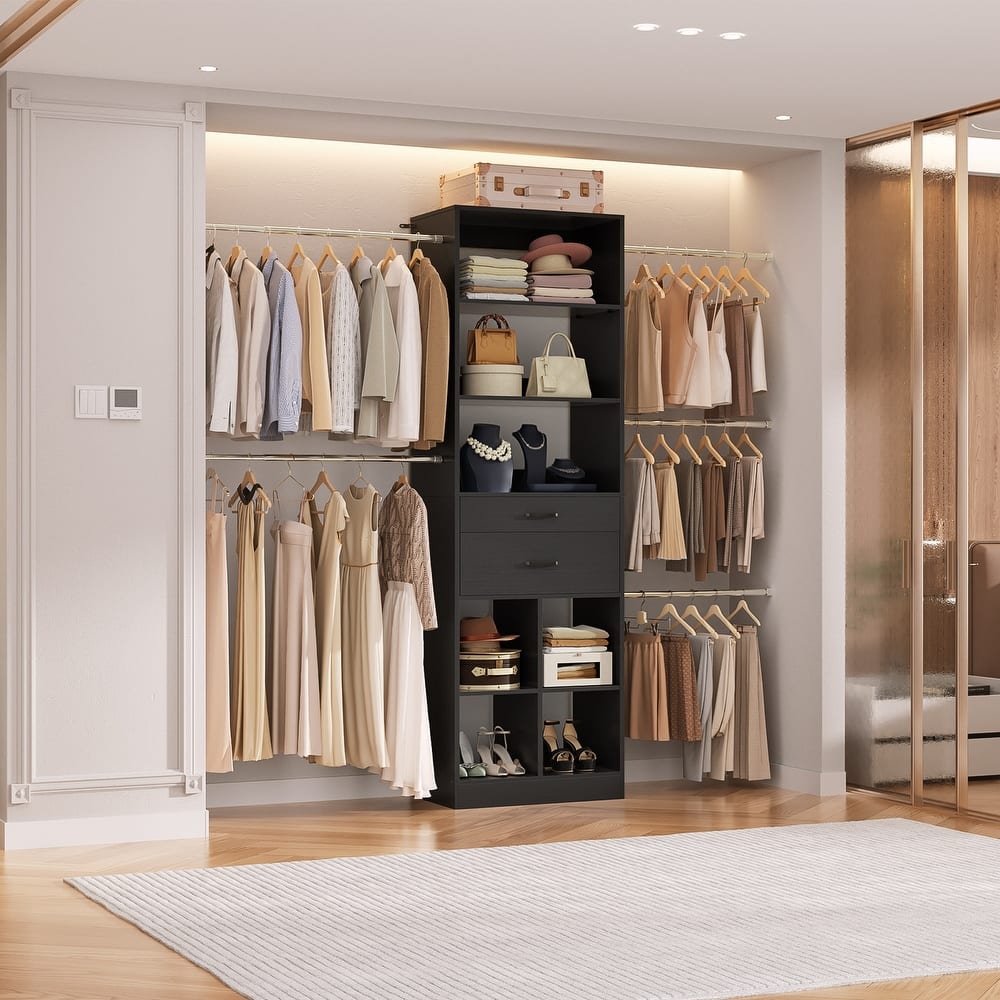 66''-100'' Walk-in Closet Organizer with 5 Hanging Rods and 2 Wooden Drawers，4-8FT Sturdy Closet System with Storage Shelves
