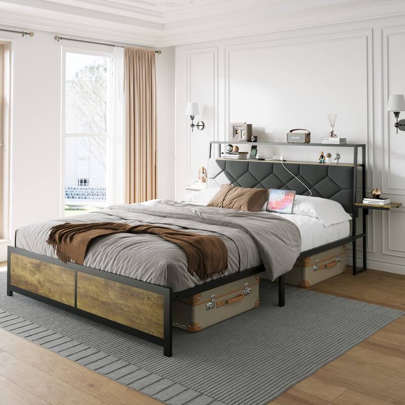 Queen Bed Frame LED Heavy Duty Metal Bed Frame with USB Port, Power Outlet, Upholstered Headboard and Bedside Shelf