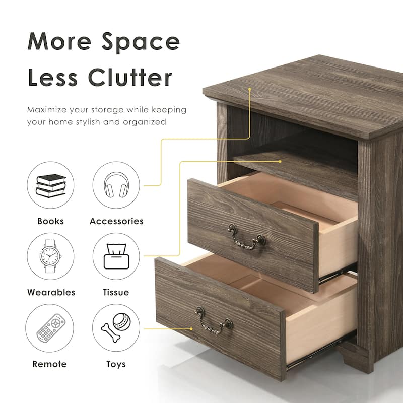 247 Shop At Home Marie 2-Drawer Set of 2 Nightstands with Open Storage Shelf