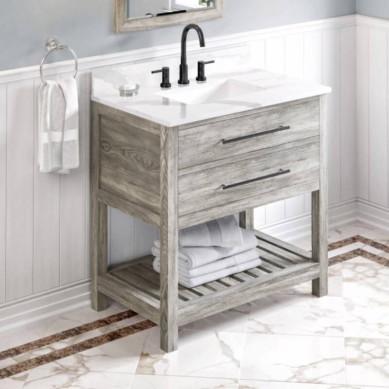 Jeffrey Alexander VKITWAV36R-QUARTZ Wavecrest II 36" Free Standing - Weathered Grey / Calacatta Vienna - Weathered