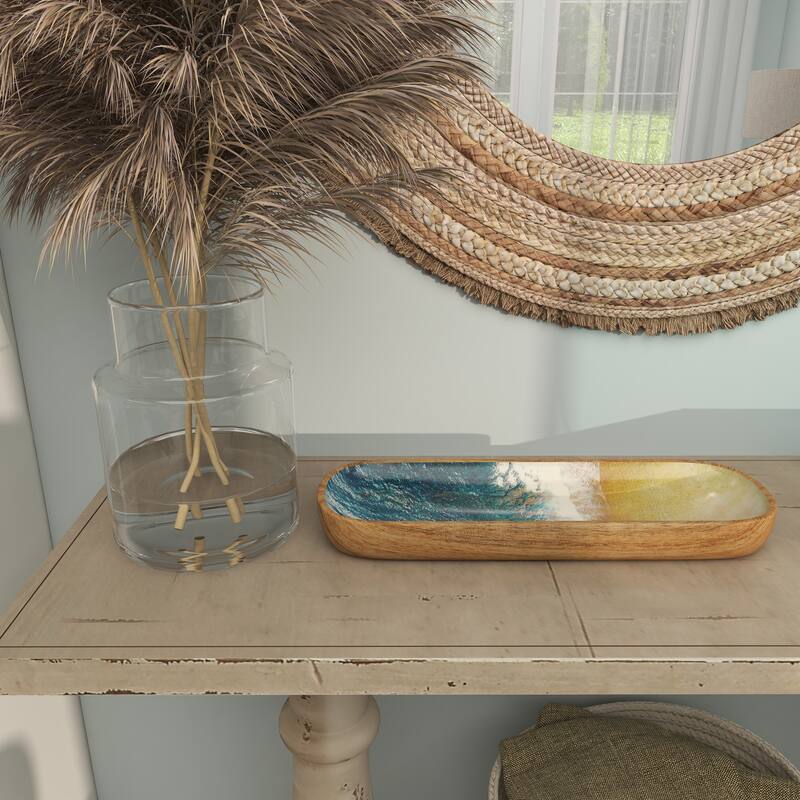 Brown Mango Wood Handmade Ocean Inspired Living Room Decor Tray with Colorful Enameled Interior