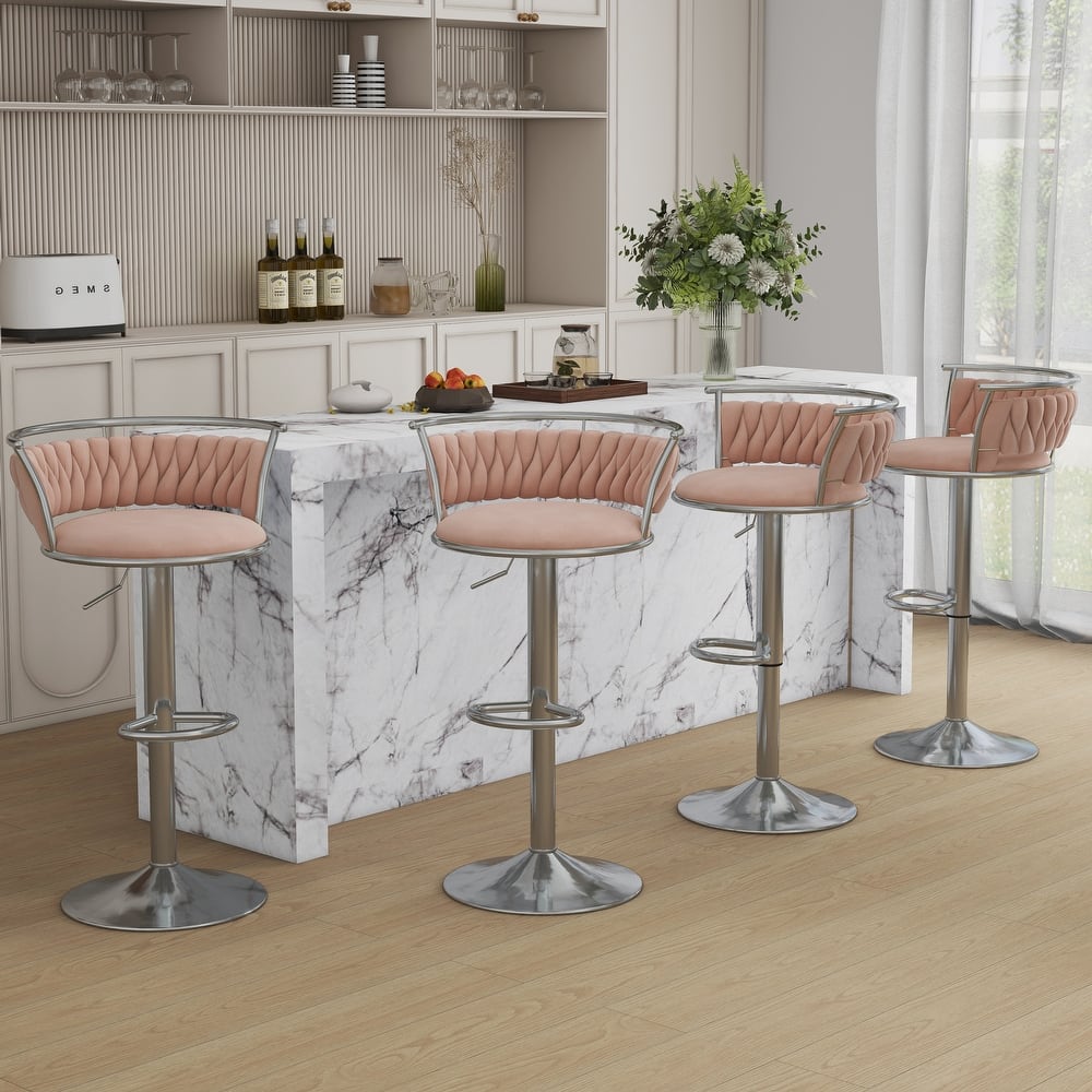 4 Set Velvet Adjustable Swivel Bar Stools With Backs