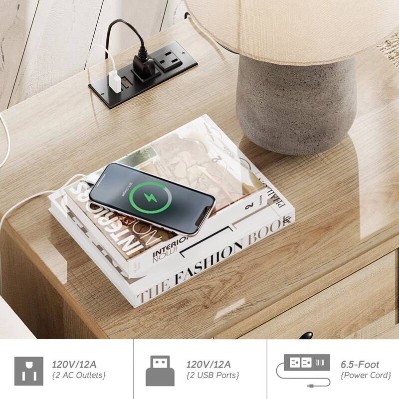 Set of 2 End Tables with Charging Station & Drawer Storage Cabinet