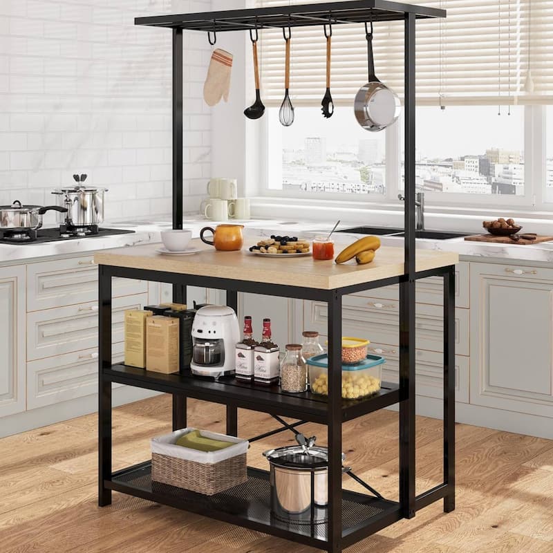 42" Kitchen Island Bakers Rack with 3 Tier Shelf and Hooks - N/A