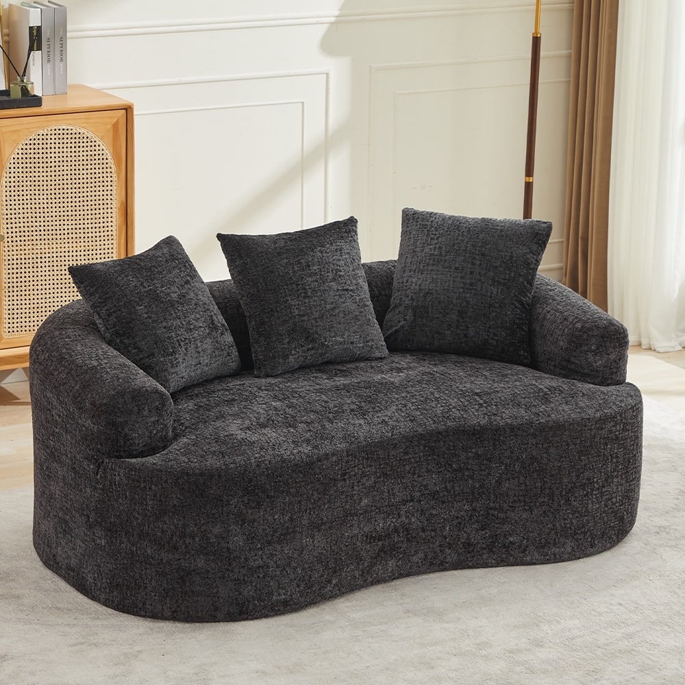 Minimalist Curved Loveseat with 3 Throw Pillows, Black Sofa Couch Sleeper Sofa Couch for Living Room