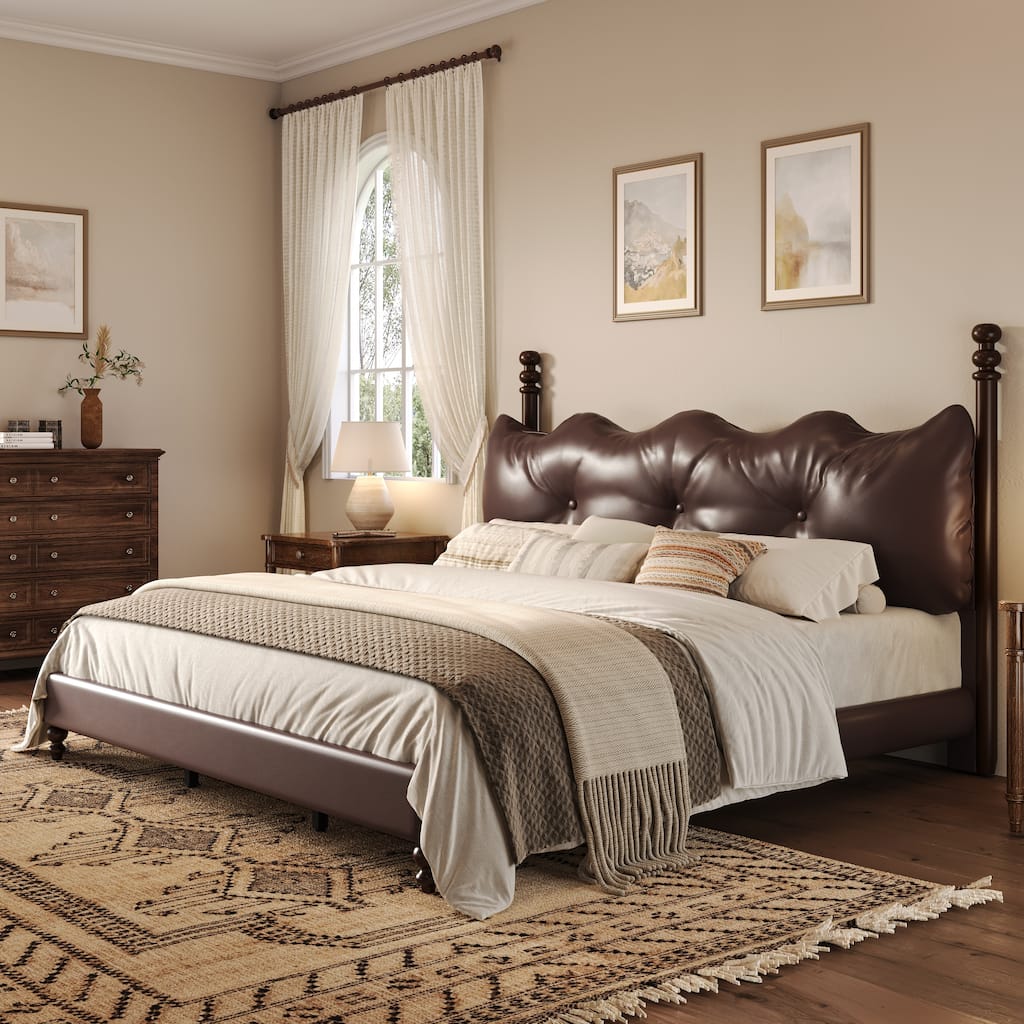 Christopher Knight Home - Eno Modern PU Leather Upholstered Platform Bed Frame with Wood Bedposts, No Box Spring Needed