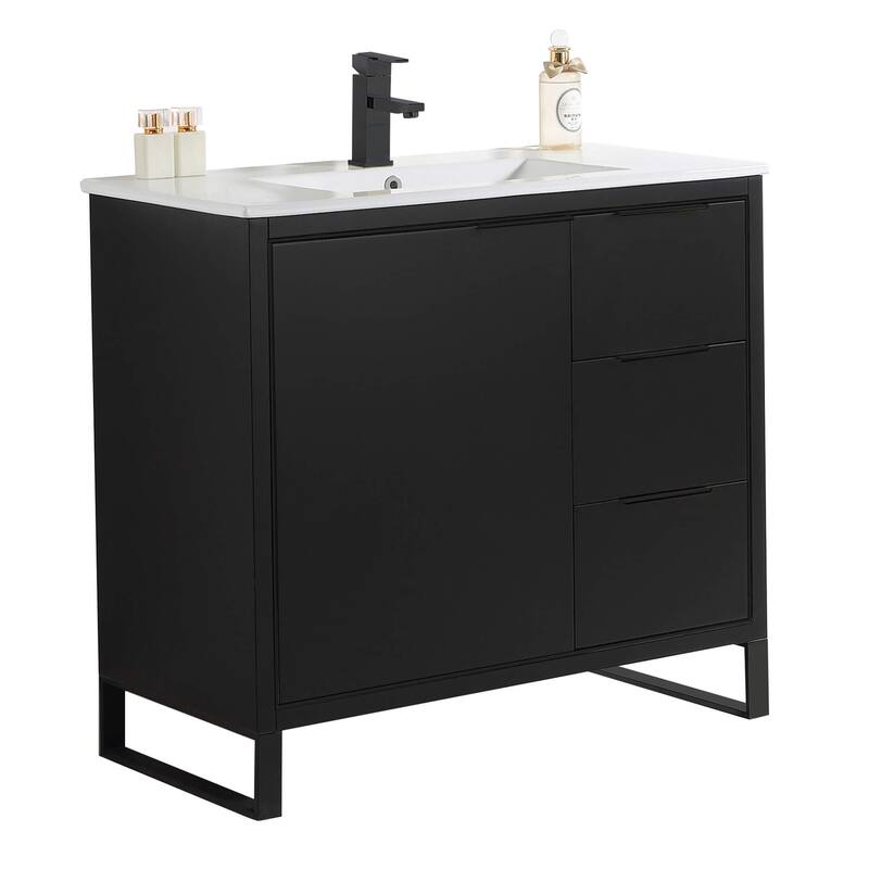 Fine Fixtures Opulence Collection Bathroom Vanity with White Ceramic Sink - 36 Inch - Black Matte - Black Hardware