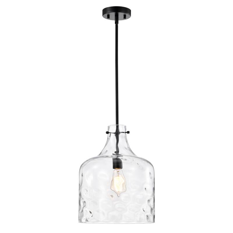 Clear Dimpled Cylindrical Glass Pendant Ceiling Light - 12in - Matte-Black