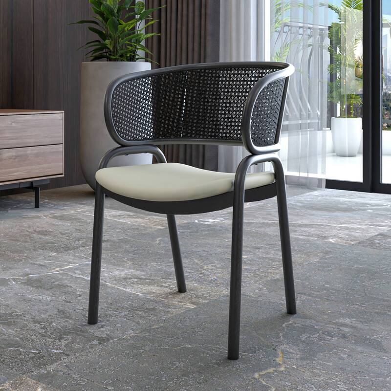 Ervilla Modern Upholstered Accent Side Chair with Wicker Back and Black Iron Legs for Dining Room & Kitchen, Set of 2