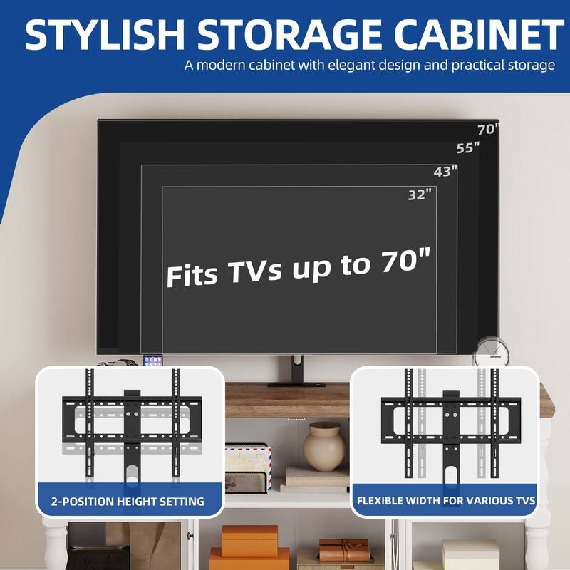 Moasis Farmhouse TV Stand with Mount for 32-70 Inch TVs, Entertainment Center with Power Outlets & Tempered Glass Doors