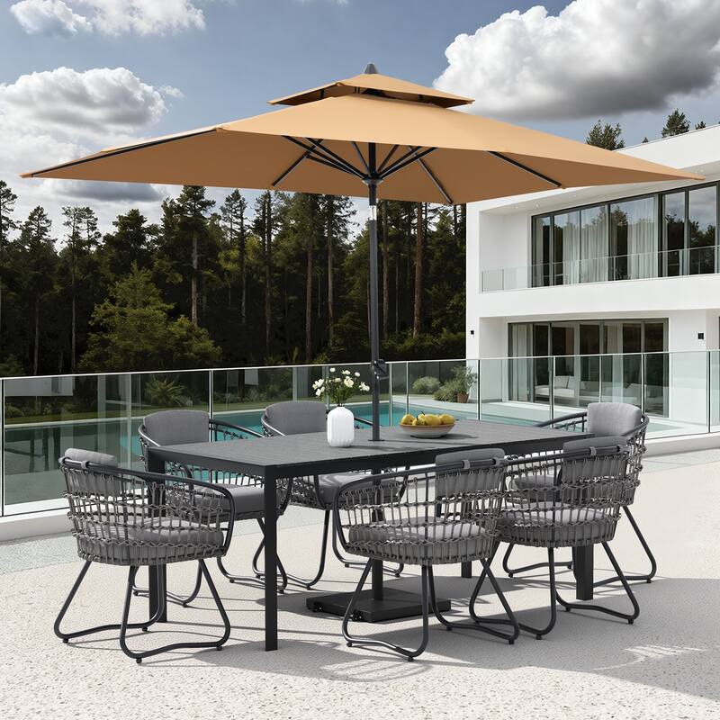Set of 9 Outdoor Patio Dining Set WoodLike Aluminum Umbrella Hole Table with Rattan Chairs, Market Umbrella and Wheel Base