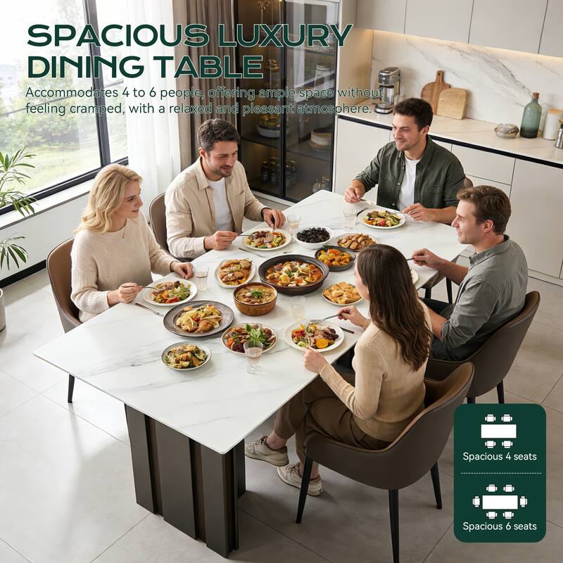 69 Inch Rectangular Dining Table with Marble Texture Glass Top for 4-6 People