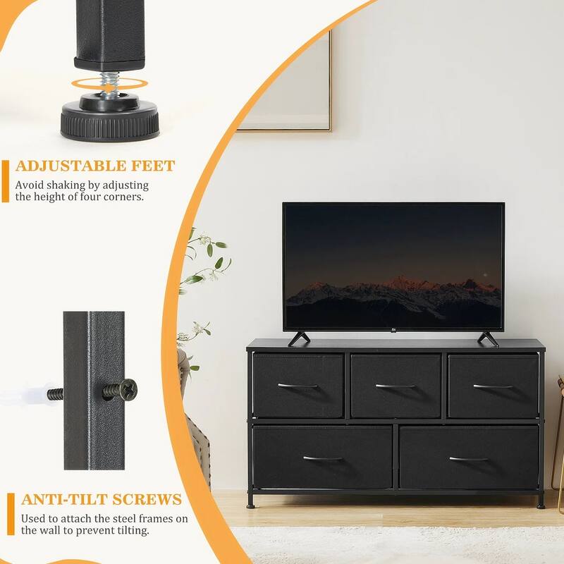 Dresser for Bedroom with 5 Fabric Drawers, Tall Chest Organizer Units for Clothing, Closet, Kidsroom, Storage Tower with Cabinet