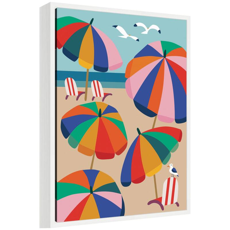 Kate and Laurel Coastal Beach Umbrellas by Rachel Lee Framed Canvas Wall Art Print - 18 x 24 - White