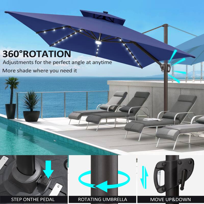 Pellebant Outdoor 10x13FT Patio Cantilever Umbrella Dual Top Lar Lighted