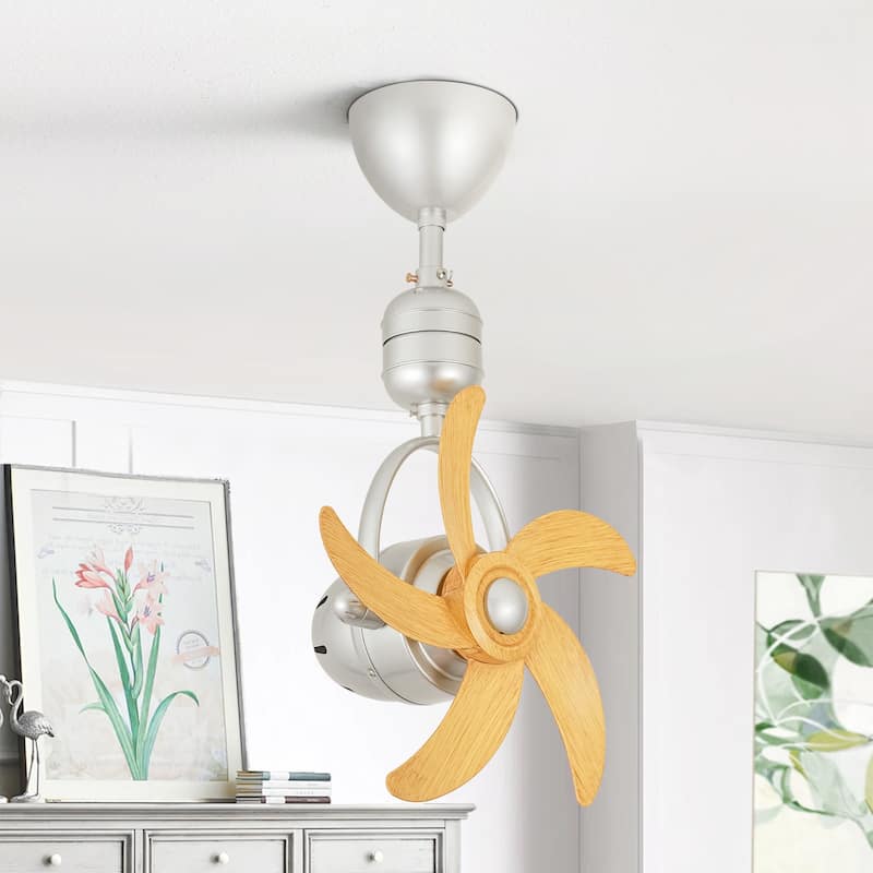 5-Speed 5-Blade Mid-Century Modern Silver Metal & Natural Wood-Tone Plastic Ceiling Fan with Remote for Living Room - 16 in. W x 23.2 in. H - Silver - Hardwired