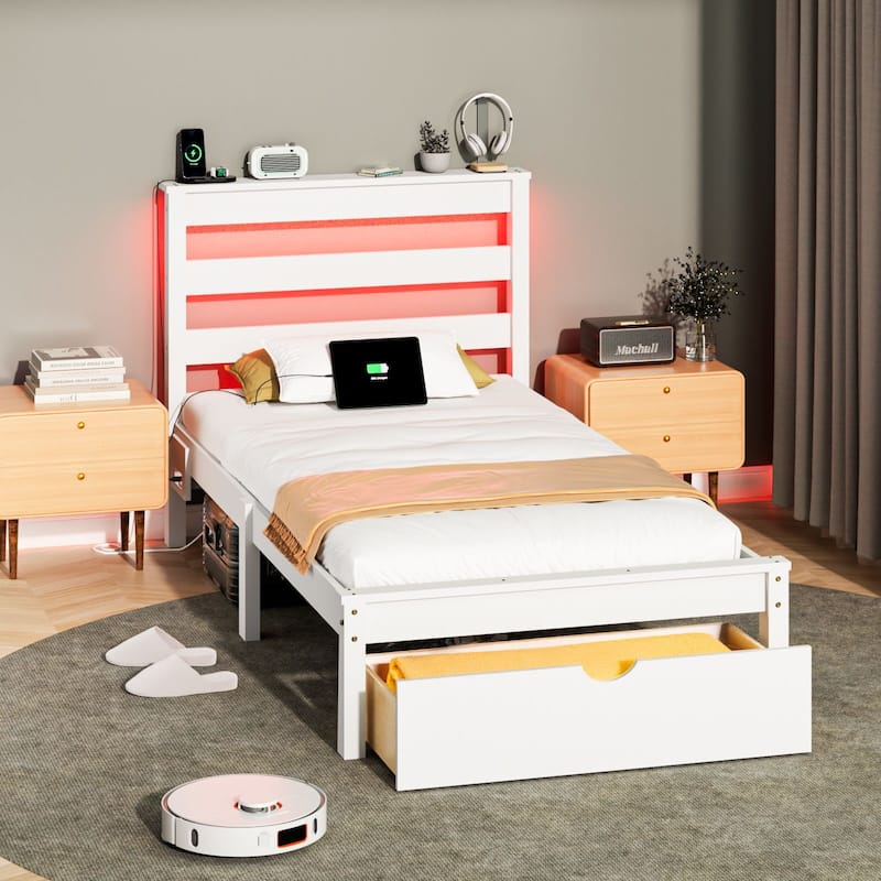 Twin Wood Bed Frame with Charging Station, Lighted Platform Bed, White - Twin - Twin/Shelf/Drawer
