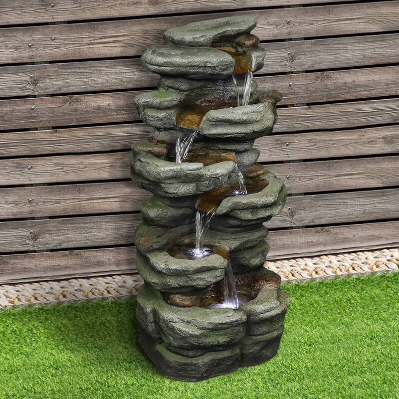 30.7-Inch Outdoor Water Fountain Rock Waterfall Feature w/Led Lights