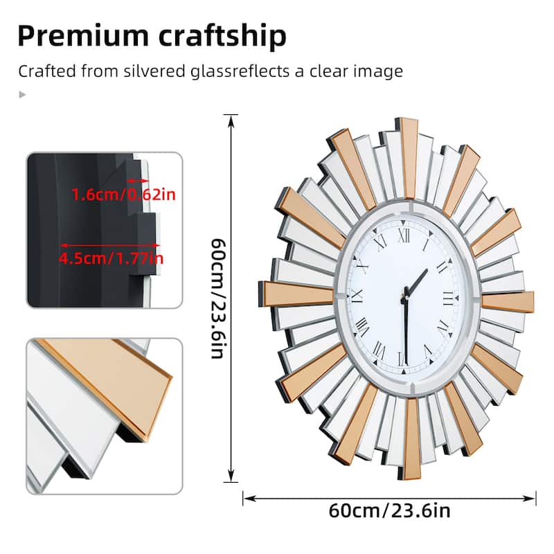Glass Wall Clock Mirrored Large Clcoks - 24"