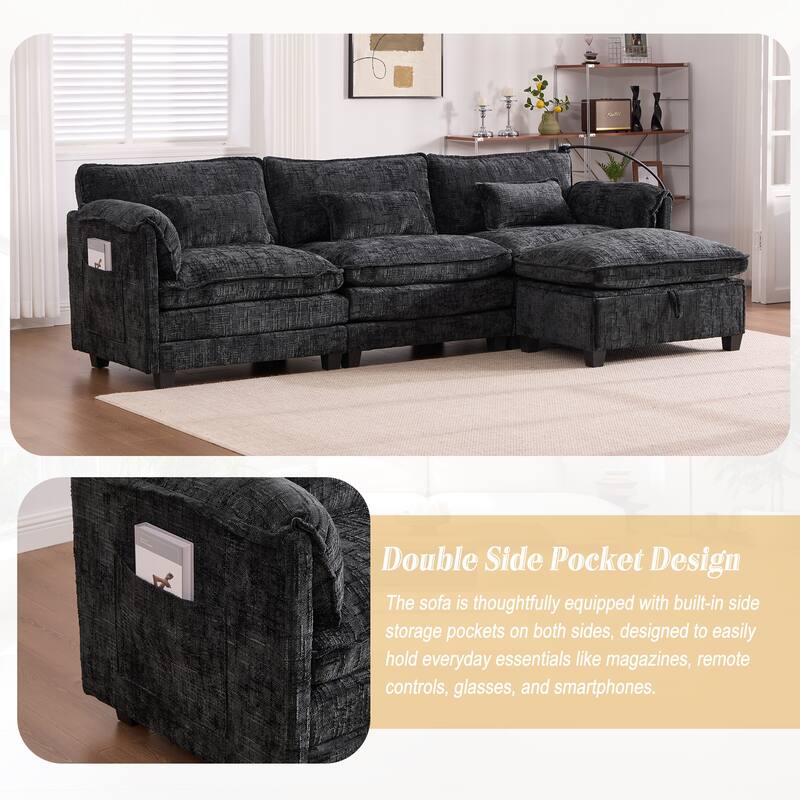 HOMEFUN Chenille Upholstered L-shaped Phone Holder Modular Sectional Sleeper Sofa with Movable Storage Ottoman
