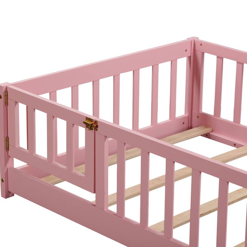 Twin size Floor Platform Bed with Fence and Door