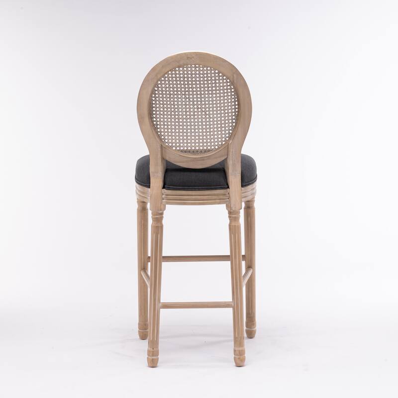 French Country Wooden Barstools Rattan Back With Upholstered Seating Set of 2