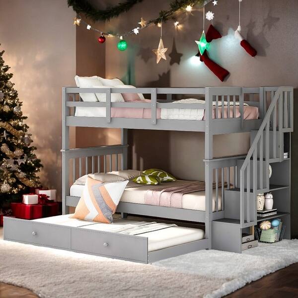 slide 2 of 18, Stylish Stairway Twin-Over-Twin Bunk Bed with Twin size Trundle for Bedroom, Maximized Storage Space, Dorm, Grey Grey
