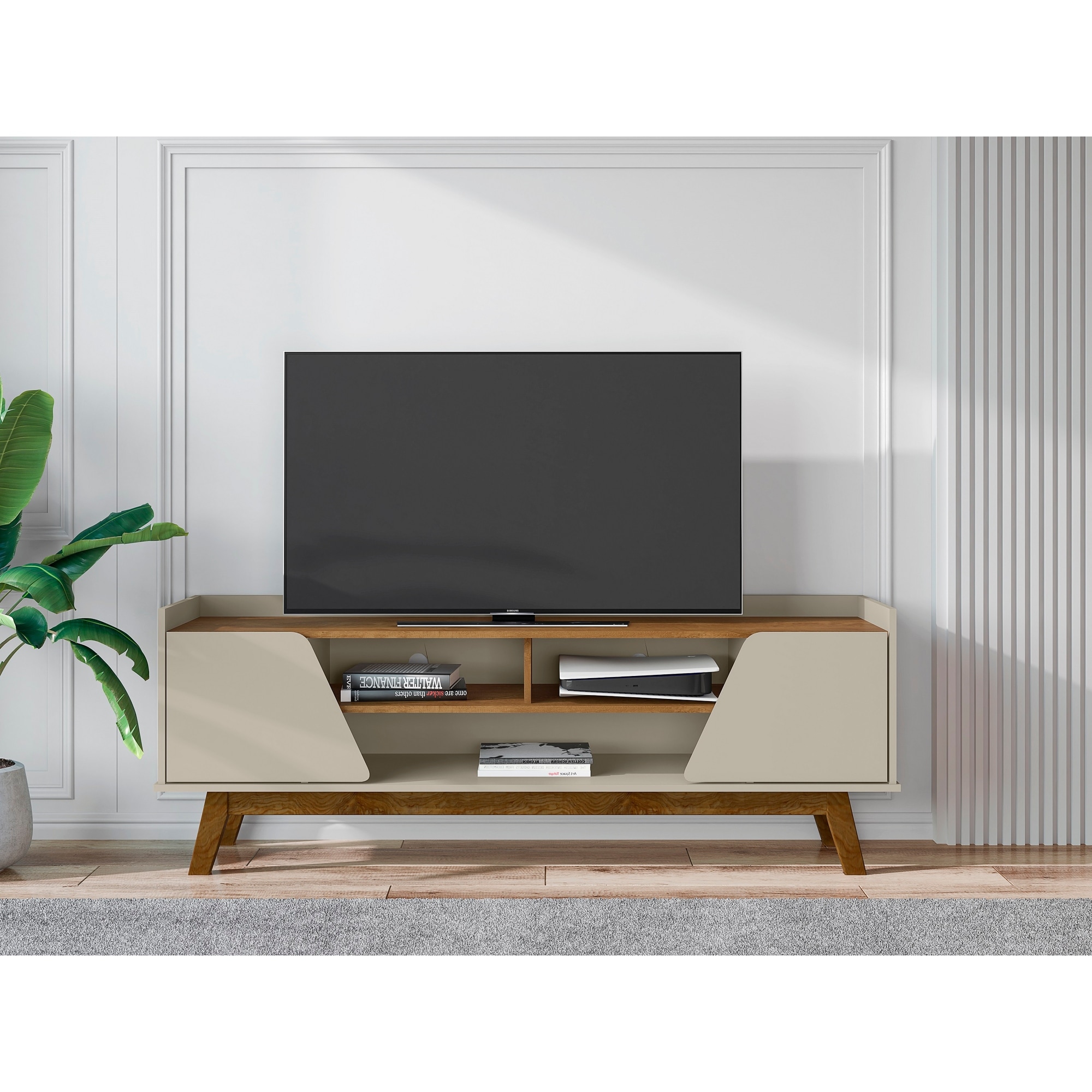 63 Inch TV Stand Off White Brown Finish Media Storage