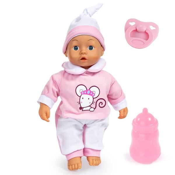 slide 2 of 5, Bayer: Interactive Baby Doll - 14" Pink Mouse - Makes Baby Sounds, Includes Pacifier Bottle & Matching Cap, Pretend Play