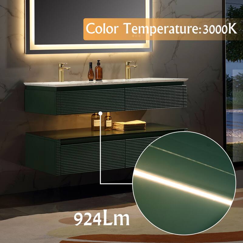 Modland 36/48 Inch LED Floating Vanity with Marble Top & Soft-Close Drawer - Green/White, Wall Drain Ready