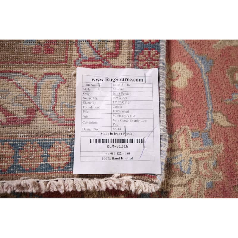 Mashad Persian Vintage Area Rug Handmade Floral Pink Wool Carpet - 9'2"x 13'5"