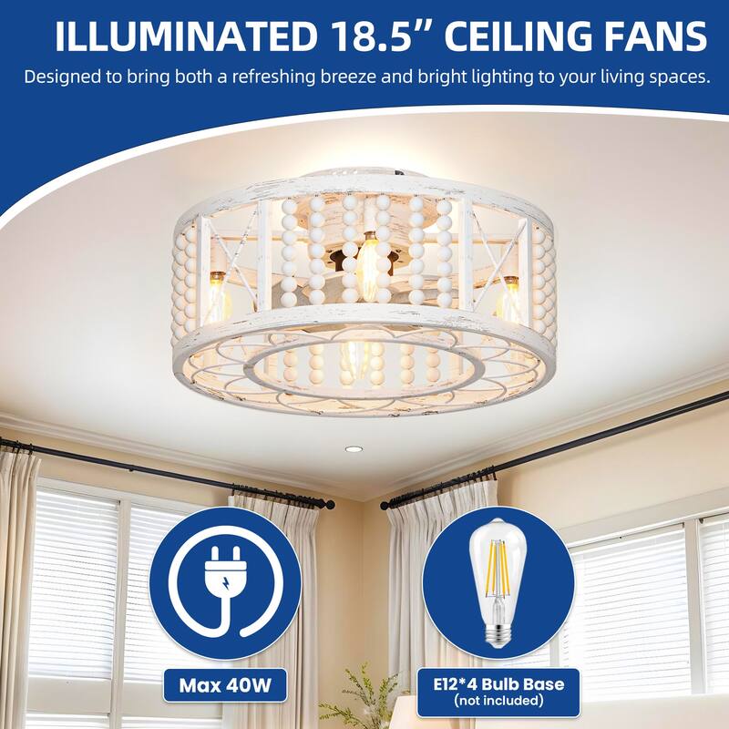 Moasis Farmhouse Flush Mount 18.5 Inch Caged Ceiling Fan with Lights and Remote & Beaded Decor