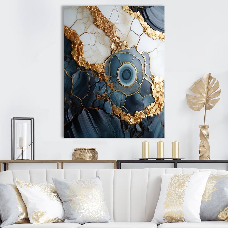 Designart "Gold And Blue Geode Art IV" Abstract Liquid Ink Wall Art Gold - Modern Wrapped Canvas For Hallway Décor